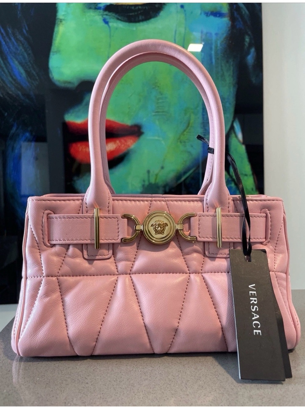 Versace Pink Quilted Leather Satchel with Gold Medusa Hardware